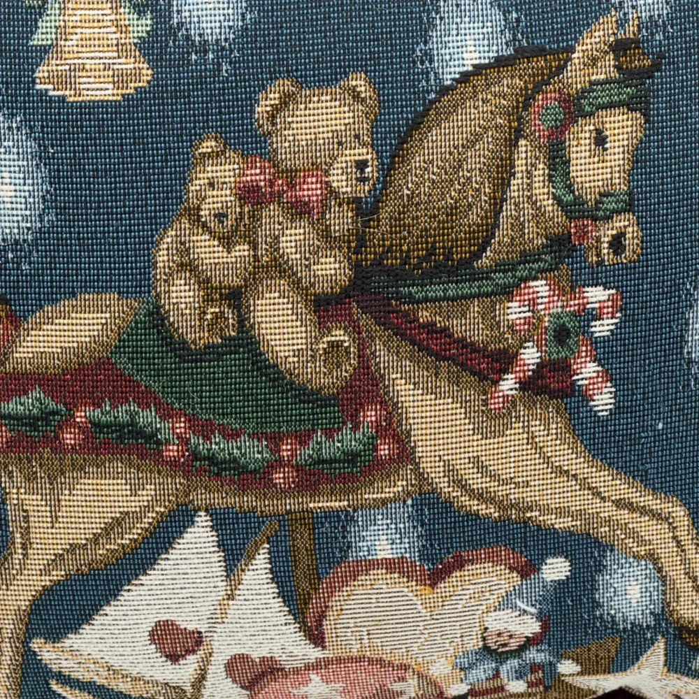 Travis Spencer Christmas Tapestry Pillow Blue Red Rocking Horse Vintage 16x12